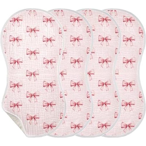4 Pack Muslin Burp Cloths Bow Pink Cotton Baby Burp Cloths Ultra Absorbent and Soft Thick Burping Cloth for Newborn Boys Girls 22x11 Inch
