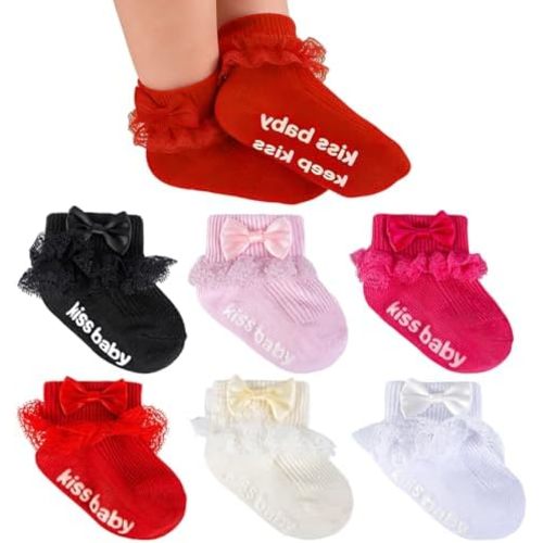 Baby Girl Ruffle Socks with Grips Turn Cuff Ankle Lace Frilly Dress Bow Socks for Newborn/Infant/Toddler/Little Kids