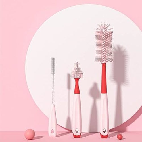 Bottle Brush 3 Pack - Silicone Baby Bottle Cleaner Brush Staw Cleaning Kitchen Wire Scrub Set for Washing, 12" Long Handle Water Sports Bottle Cleaner Vase, Glassware (Red)