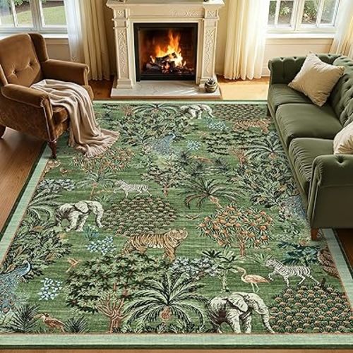 GarveeHome Jungle Animal Print Rug 5x7 Washable Area Rugs for Living Room, Forest Rug Non Slip Low Pile Stain Resistance Large Throw Carpet for Bedroom Dining Room Kids Playroom Nursery, Forest Green