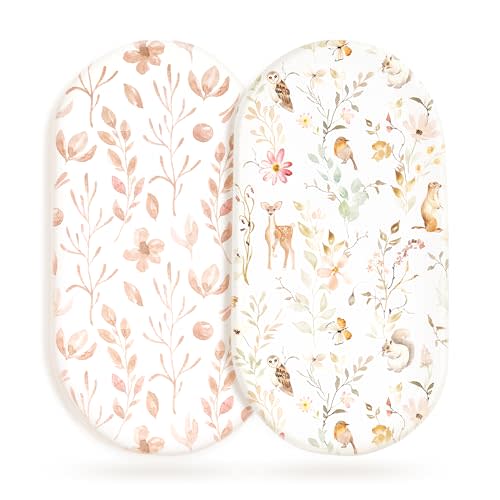 Stretchy Ultra Soft Fitted Bassinet Sheet Set 2 Pack, Universal Fit for Bassinets Baby Cradle Moses Basket Oval Rectangle Mattress Safe and Snug, Beautiful Blush Pink Floral and Cute Animals Print