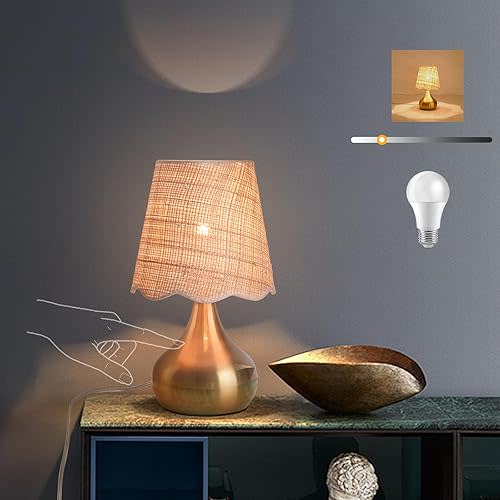 Gold Small Bedside Table Lamp Touche Control 3-Way Dimmable Brass Mini Table Lamps for Nightstand, Rattan Shade Small Table Lamps for Small Spaces for Kitchen Counter, Bookshelf, Bedroom
