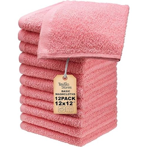 Basic Wash Cloths 12x12 Inches – Pack of 12 – Rose Pink Color – Soft and Absorbent Multipurpose Cotton Washcloths for Bathroom, Spa, Gym, Salon, Hotel, and Everyday Use