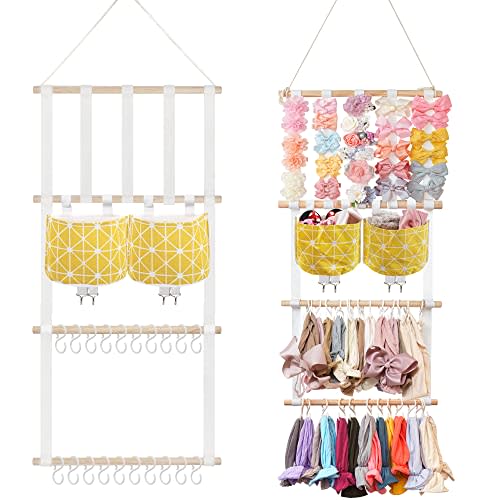 kangaroo Hairband Organizer for Baby Girls, Large Capacity Bow Holder Hair Accessories Wall Hanging Organizer with 20 S-hooks and 2 Pockets, Yellow | Multi-pocket&Large Capacity | Wall Hanging-15"L x 30"H | Easy to Grab | Nursery Essentials | Baby's bo...