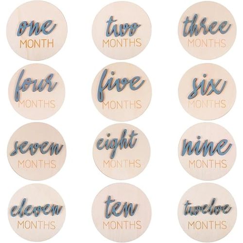 Qianyu 6 PCS Monthly Milestone Markers Card Wooden 3D Baby Announcement Sign 1-12 Months Marker Disc Double-Sided Baby Monatskarten Photo Props for Welcome Newborn Boy Girl Eltern Werdende Mütter