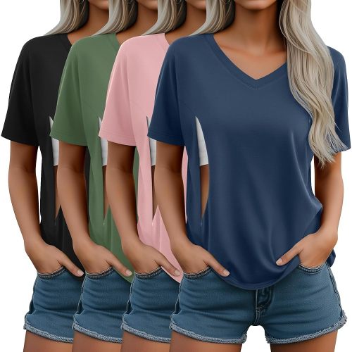 4 Pack Women's Nursing Shirts for Breastfeeding with Hidden Zipper V Neck Short Sleeve Loose Fit Maternity Tops