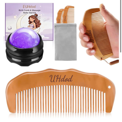 UHdod Birthing Comb & Massage Roller Ball 3 Kit, Wooden Labor Comb Hair Combs for Labor and Delivery Essentials, Pregnancy Hospital Bag Essentials for Women, Pregnant Mom Gifts for Birthday Christmas