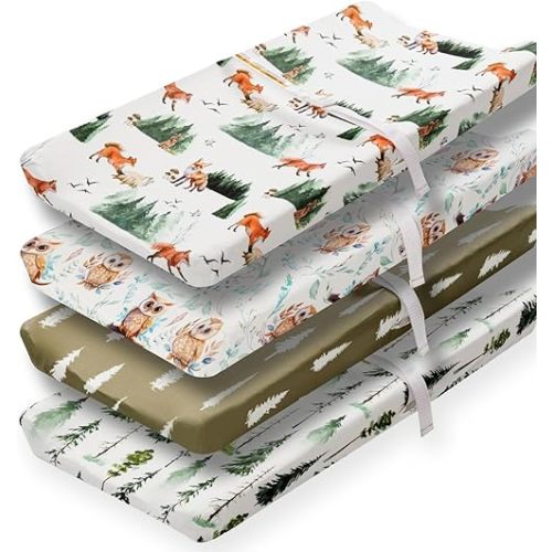 4 Pack Forest Animals Neutral Changing Pad Covers Woodland Unisex Fitted Baby Breathable Changing Pad Sheets Set for Toddlers Baby Boys or Girls (Fox)