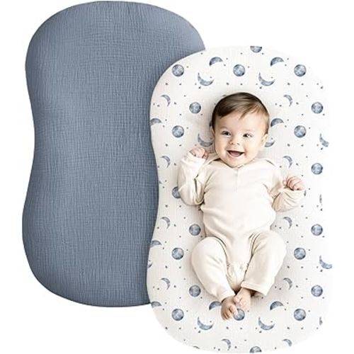 Konssy 2 Pack Muslin Baby Lounger Covers, Covers Only, 30.7" x 20" | 100% Cotton, Soft & Breathable, Baby Nest Slipcover, Envelope Closure, Pre-Washed for Lasting Fit (Planet,Navy)