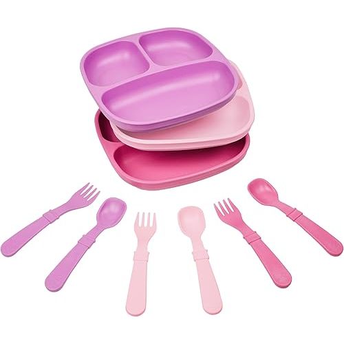 Re-Play Made in USA - 3 Meals a Day Set - 3 Divided Plates, 3 Sets of Utensils - BPA Free, Made from Environmentally Friendly Recycled Milk Jugs - Princess without Bowls