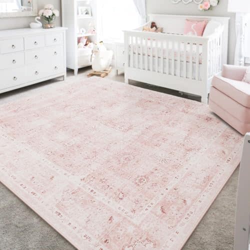 Nursery Rug for Baby Girl,Machine Washable Cute Blush Rug for Bedroom Girls Living Room Dorm Kids Playroom,Super Soft Faux Wool Boho Floral Carpet 5 by 7 Pink and White