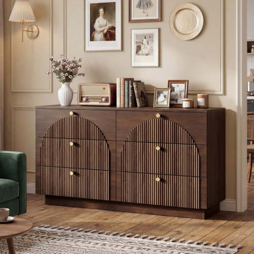 Fluted 6 Drawer Dresser for Bedroom 55" Wide Wooden Dresser TV Stand Mid Century Modern Storage Organizer for Living Room, Hallway, Walnut