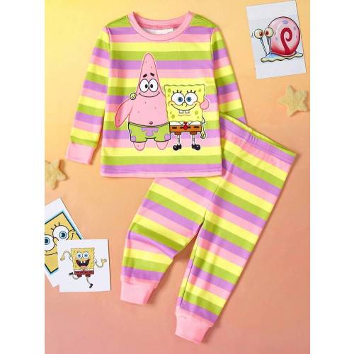 SpongeBob SquarePants | SHEIN 2pcs Baby Girl Cartoon Striped Pattern Round Neck Long Sleeve Top And Pants Knit Comfortable Casual Stretchy Pajama Set | SHEIN USA
