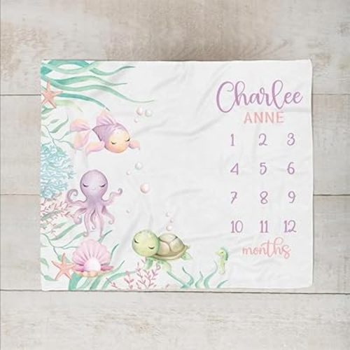 Customized Pastel Pink Ocean Baby Girl Milestone Blanket, Monthly Growth Blanket for Newborn Photos, Under The Sea Baby Photo Prop, Perfect Babies Shower Gift for Girls, Soft Fleece Fabric