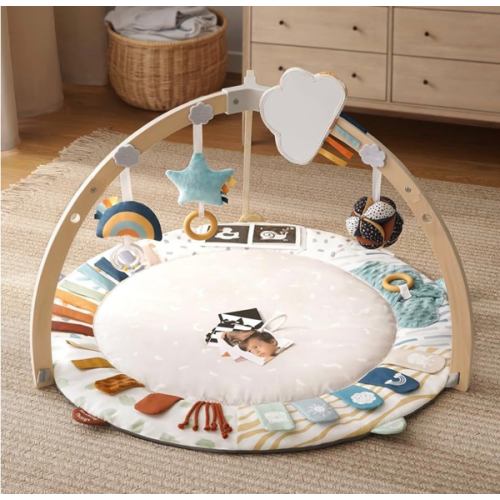 Blissful Diary Baby Play Gym & Activity Mat, 5 Developmental Zones Wooden Tummy Time Mat with 5 Detachable Sensory Toys for Motor Skills & Sensory Development, Baby Essentials Shower Gift