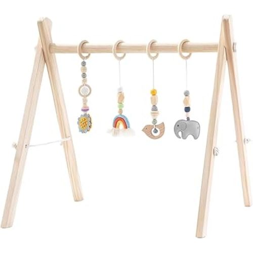 Wooden Baby Play Gym with Hanging Bar, 4 Gym Toys and Natural Pine Wood, Perfect for Infant Development