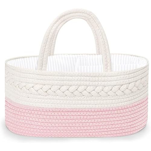 Baby Diaper Caddy Organizer for Girl Boy Rope Nursery Storage Bin Basket Portable Holder Tote Bag for Changing Table Car Travel Baby Shower Gifts Newborn Essentials Registry Must Have Items Pink