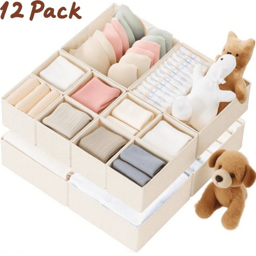 Drawer Organizer for Clothes, 12-Pack Foldable Fabric Storage Bins with 3 Sizes for Closet, Dresser, Nursery and Bedroom Organization