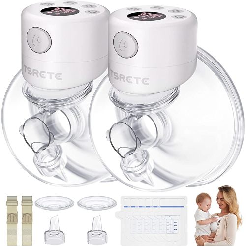 TSRETE Breast Pump, Double Wearable Breast Pump, Electric Hands-Free Breast Pumps with 2 Modes, 9 Levels, LCD Display, Memory Function Rechargeable Double Milk Extractor-24mm Flange, White