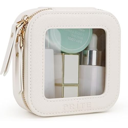 Prite Small Makeup Bag for Women Portable Clear Makeup Bag Cute Mini Waterproof Travel Cosmetic Bag with Gold Zipper for Car Essentials(Beige)