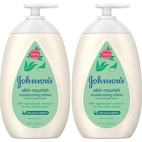 Johnson's Skin Nourish Moisturizing Baby Lotion with Aloe Vera Scent & Vitamin E, Gentle & Lightweight Body Lotion for The Whole Family, Hypoallergenic, Dye-Free, 16.9 fl. oz (Pack of 2)