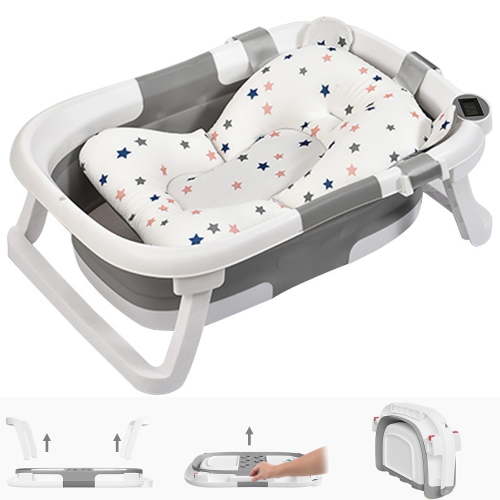 Prociv Foldable Baby Bath Tub for Infants-Toddler, Portable, with Drain Hole, for Newborn 0-36 Month Gray