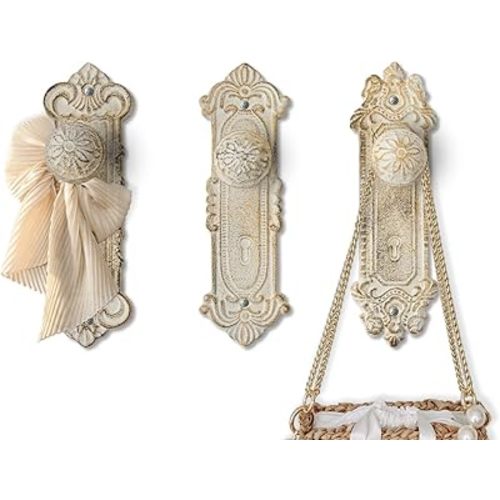 Shabby Chic Cast Iron Decorative Wall Mounted Hooks - Rustic White - Door Knob Coat Hooks for Wall - Set of 3 - Screws and Anchors Included - Antique Wall Hooks for Hanging Clothes