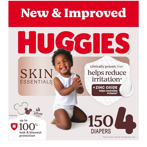 Huggies Size 4 Diapers, Skin Essentials Baby Diapers, Size 4 (22-37 lbs), 150 Count (6 Packs of 25), Packaging May Vary