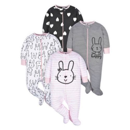 Gerber Baby Girls' Sleep 'N Plays' with Mitten Cuffs, 4-Pack, Bunny