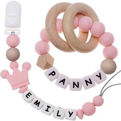 Personalized Pacifier Clip with Name and Customizable Teether Rattle (Pink)