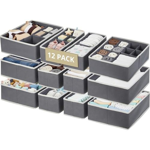 DECOMOMO Drawer Organizer for Baby – Clothes Organizer & Storage Dividers for Nursery, Storage Bins for Underwear, Bra, Socks, Diapers & Newborn Essentials (Beige, 12pcs)