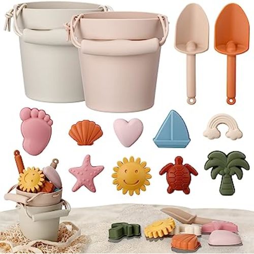 Hungdao 14 Pcs Silicone Beach Toys Travel Beach Set Sand Toys Include 2 Silicone Bucket Pail, 2 Shovel, 9 Sand Molds, 1 Beach Bag for Boys Girls Summer Pool Outdoor Bath Toys (Light Green, Beige)