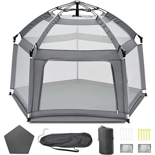 Baby Playpen with Self-Inflating Play Mat & Travel Bag, Portable Outdoor Playpen for Babies and Toddlers, Foldable Pop Up Play Tent for Home, Park, Beach and Camping (Grey)