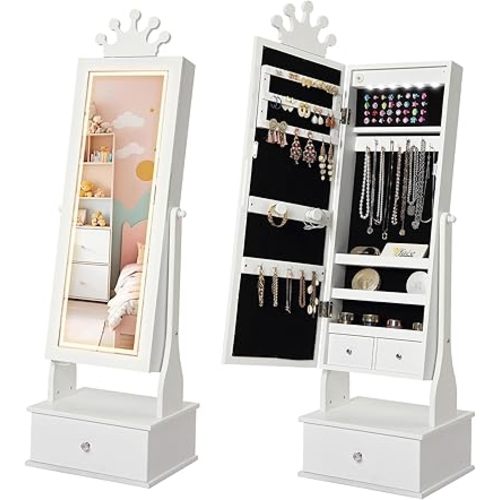 GarveeHome Kids Jewelry Armoire, Child Jewelry Cabinet with Led Light, Freestanding Jewelry Organizer with Full-Length Mirror, 3 Storage Drawers, Kids Vanity Dress Up Mirror Jewelry Cabinet for Girls