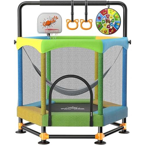 60" Trampoline for Kids, Twinkoo 5FT Fortified Toddler Trampolines with Anti-Rollover Bottom, Indoor/Outdoor Toddler Trampoline with Safety Enclosure, Adjustable Gymnastics Bars, Basketball Hoop