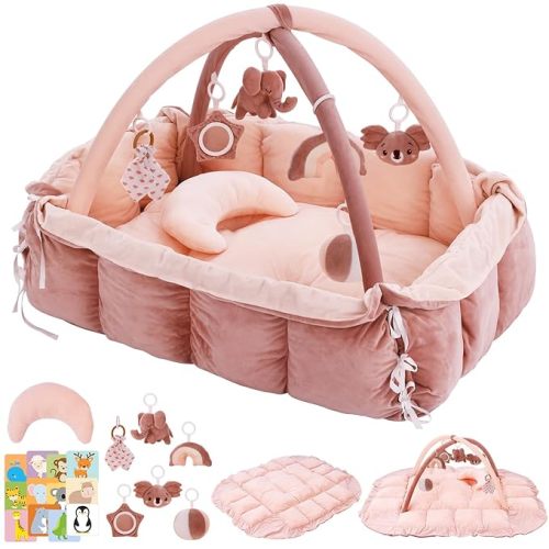 5-in-1 Baby Play Gym and Tummy Time Mat, Tummy Time Pillow & 12 Learning Cards, Plush Activity Mat with 6 Toys, Baby Gym, Convertible to Ball Pit, Baby Gift, Pink