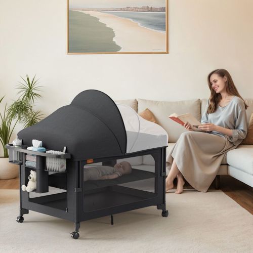 4 in 1 Baby Playard Baby Bassinet Beside Sleeper, Pack and Play, Diaper Changer with Mattress, Mosquito Net for Newborn to Toddles,Black