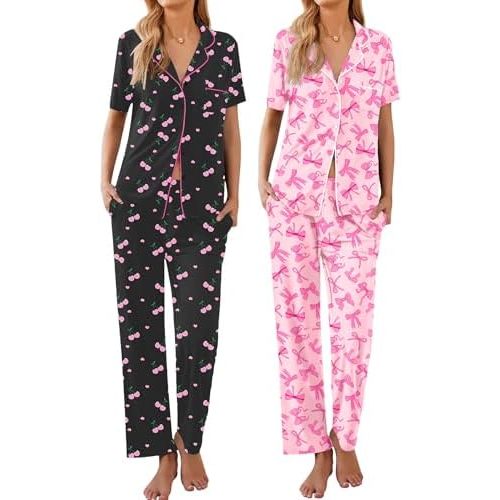 Ekouaer 2 Pack：Womens Pajamas Short Sleeve Pjs Notch Collar Button Up Loungewear Cozy Sleepwear Sets