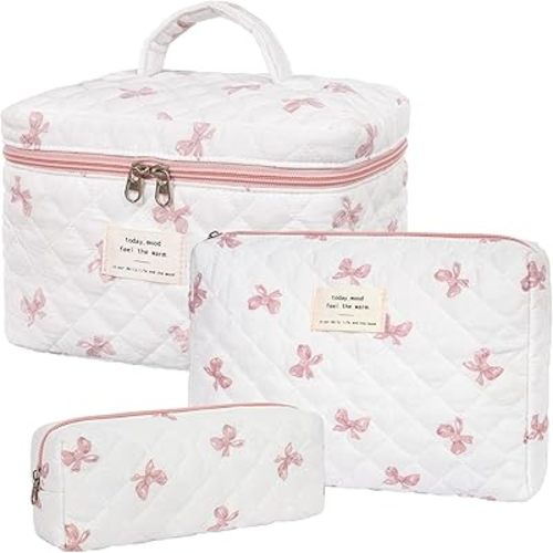 honitty Makeup Bag,Quilted Cosmetic Bag,Large Floral Make Up Bag for Women,Cotton Makeup Bag Set,Flower Travel Toiletry Bag