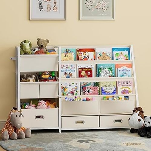 Kids Bookshelf and Toy Storage - Book Shelf for Kids Rooms, Toddler Bookshelves Baby Bookcase for Nursery, Montessori Toy Organizer, 6 Toy Bins for Kids Toy Storage