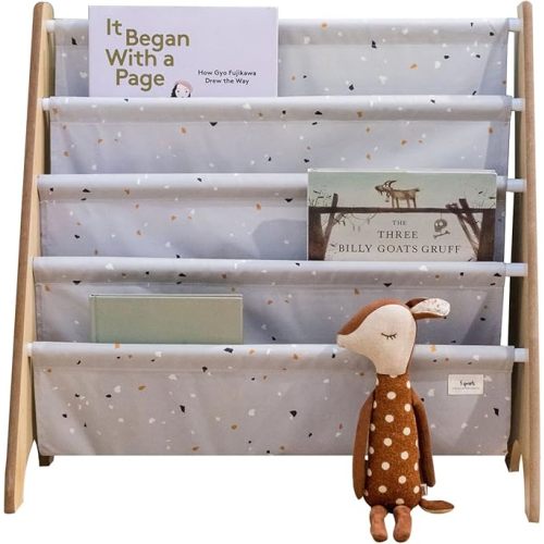 3 Sprouts Recycled Fabric Kids Bookshelf – 4-Tier Sling Book Rack Organizer - Nursery Room Playroom Classroom Wooden Book Shelves - Kid Bookcase Wood Storage Shelf for Toddler Age 3+ - Terrazzo Gray