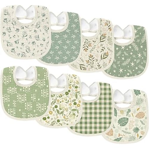 8 Pack Muslin Baby Bibs, Drooling and Teething Bibs for Boys Girls, Extra Absorbent Drool Bibs for Newborn and Infants, Baby Essentials for Unisex Babies