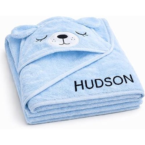 Ababy Personalized Baby Hooded Bath Towel with Name Embroidery, Custom Baby Towel for Newborn Boys & Girls, Soft Infant Hooded Bath Towel, Baby Bath Towel with Hood, 31 x 31 - Light Blue Dog