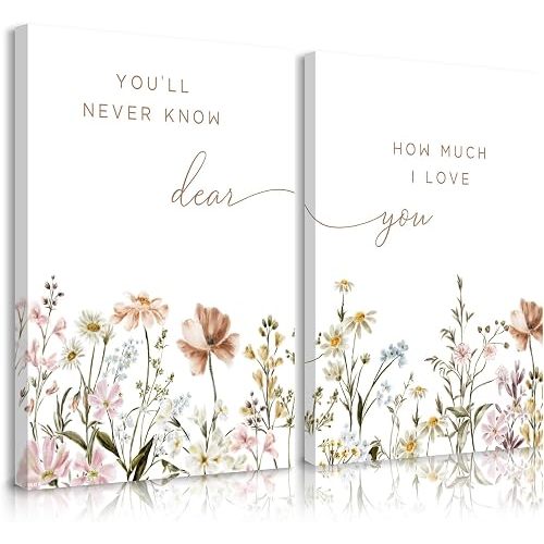 Girl Nursery Floral Wall Art Decor Boho Wildflower Canvas Wall Decor Baby Girl Room Flower Poster Vintage Nursery Botanical Art Prints Coastal Pictures for Toddler Bedroom 12x16x2 Inch Ready to Hang