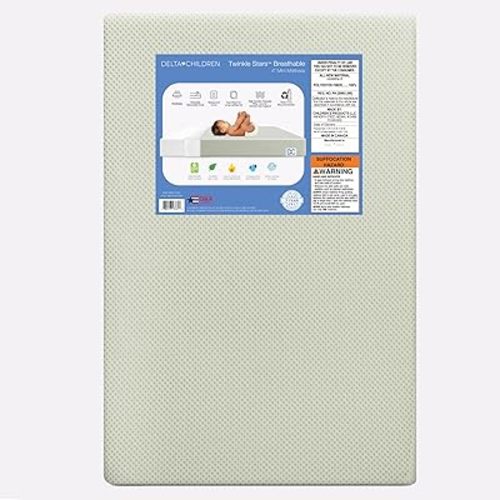 Delta Children Twinkle Stars Breathable 4-inch Mini Crib Mattress with Removable/Machine Washable Cover - GREENGUARD Gold – Waterproof - Sustainably Sourced Core Fiber Core, Green