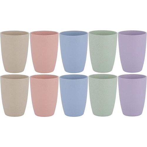 LuckyZone Wheat Straw Reusable Cup (12 oz) - Unbreakable Drinking Glasses Sets for Home Outdoor - Dishwasher Safe Tumbler - BPA Free and Eco friendly (10Pcs/5Color)