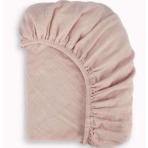 Bioweaves Organic Cotton Muslin Mini Crib Sheet, GOTS Certified Fitted Mini Crib Mattress Sheet, Extra Soft & Breathable for Toddler, Baby Boys & Girls, 38" x 24", 5 Inch Pocket, Dusty Pink