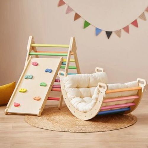 Tiny Land® 7-in-1 Rainbow Pikler Triangle Climbing Set with Play Pad - Baby Indoor Playground Jungle Gym