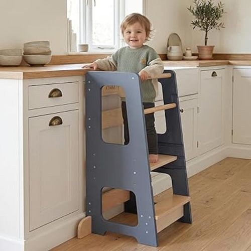 KYWAI® Toddler Kitchen Stool Helper, Adjustable Standing Tower with Safety Rails, Anti-Tip Design & Non-Slip Stickers, Sustainable Product with Extra Memory Game Made from Leftover Wood (Grey Blue)