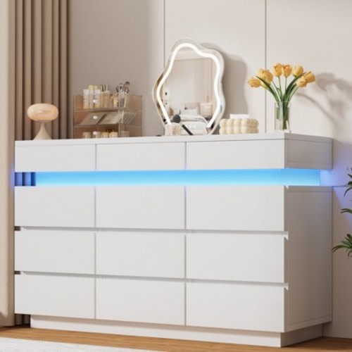 12 Drawer Dresser for Bedroom, 59" Wooden Dresser with LED Lights, Modern Dressers & Chests of Drawers for Living Room Hallway Bedroom